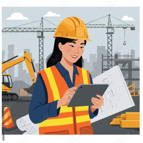 A female construction engineer smiles while reviewing blueprints on her tablet at a bustling construction site with cranes and heavy machinery in the background, showcasing modern engineering and