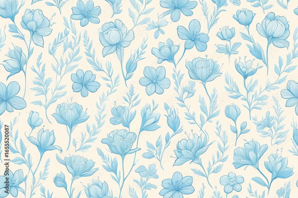 Fototapeta premium Delicate blue floral pattern illustration on a light beige background, botanical design, suitable for fabrics and wallpapers
