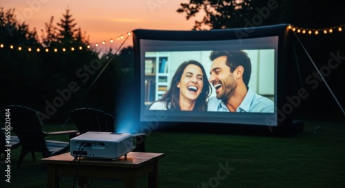 Outdoor Movie Night: Projector Showing Laughing Couple on Screen at Dusk