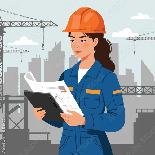 A female construction worker in a hard hat reviews blueprints on a tablet at a construction site with cranes and a cityscape in the background.