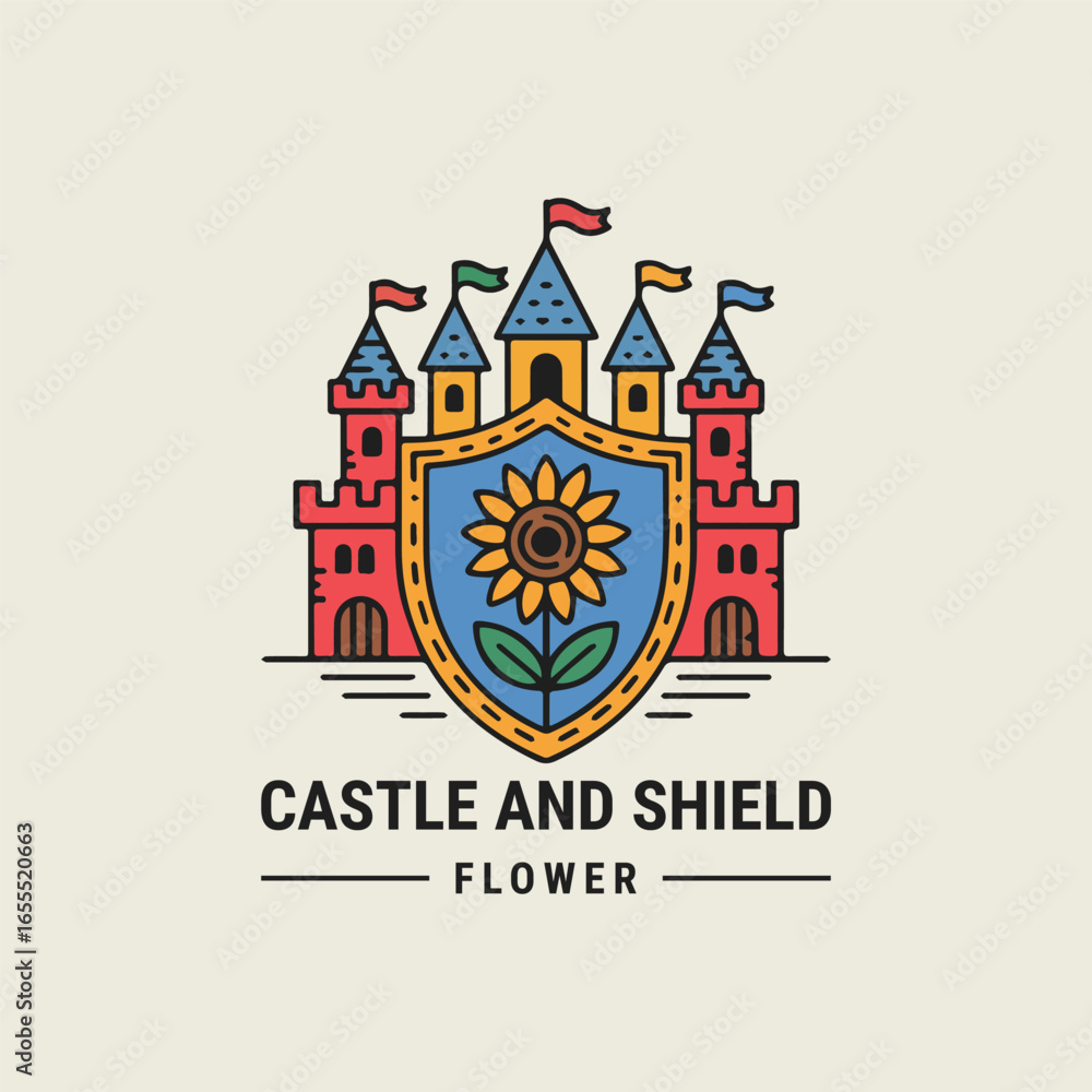 Fototapeta premium Castle and shield logo with vintage royal style, symbolizing strength, honor, and timeless protection.
