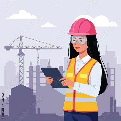 A female construction engineer wearing a pink hard hat and safety vest uses a digital tablet at a busy urban building site.