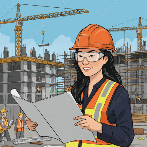 A smiling Asian female engineer reviews blueprints at a busy urban construction site with towering cranes and developing buildings.
