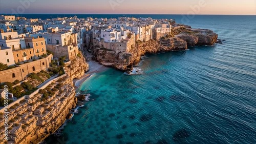 Aerial drone view of Polignano a Mare cliffside coastal town with turquoise Mediterranean sea and historic stone houses – Video 4K UHD 60fps