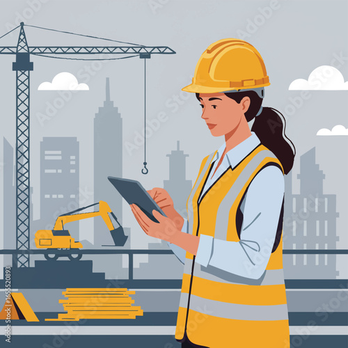 A female construction engineer in a yellow hard hat and safety vest uses a tablet on a busy urban building site with cranes and excavators.