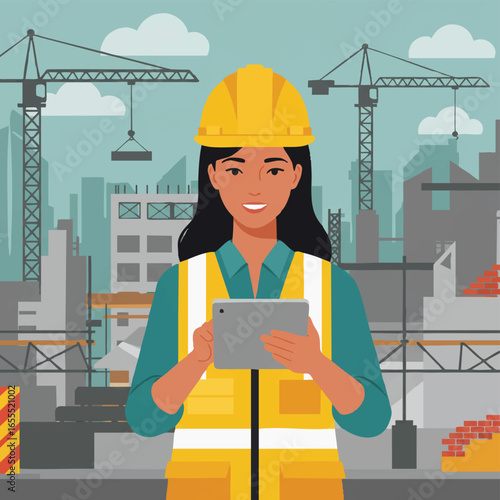 A smiling female construction worker, wearing a hard hat and safety vest, uses a tablet to oversee a building project with cranes and cityscapes in the background.