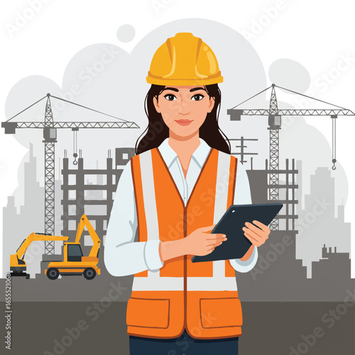 A female construction engineer wearing a safety helmet and vest is holding a tablet while standing on a construction site with cranes and machinery.