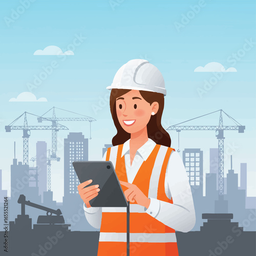 A smiling female engineer in a hard hat and safety vest uses a digital tablet at a modern construction site with city buildings and cranes.