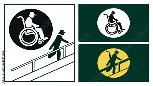 Illustration of accessibility signs showing wheelchair and pedestrian using ramp
