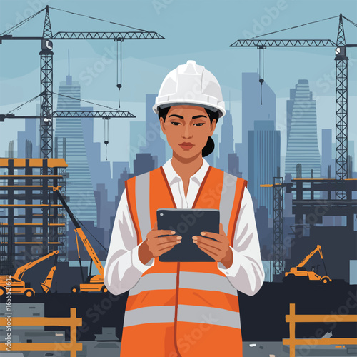 A professional female engineer in a hard hat and safety vest uses a digital tablet, overseeing a bustling urban construction site with cranes.