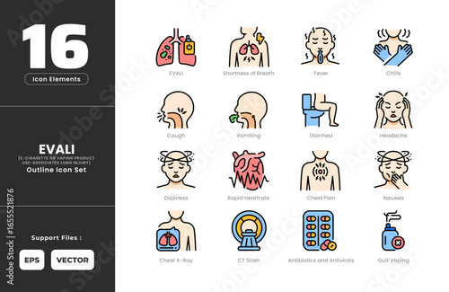 EVALI Symptoms Icon Set Collection - Outline Line Art Style. Containing Vomiting, Antibiotics, Antivirals, EVALI, Quit Vaping, Chest Pain, Chest X-Ray, Chills, Cough, CT ScanDiarrhea, Dizziness, Fever