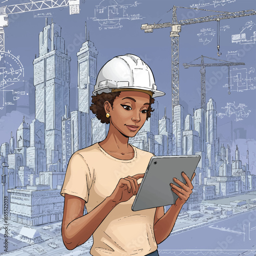 A female construction worker in a hardhat uses a tablet against a backdrop of city buildings and crane blueprints, illustrating modern urban development.