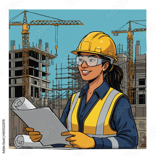A smiling female construction worker in a hard hat and safety vest holds blueprints on a busy building site with cranes.