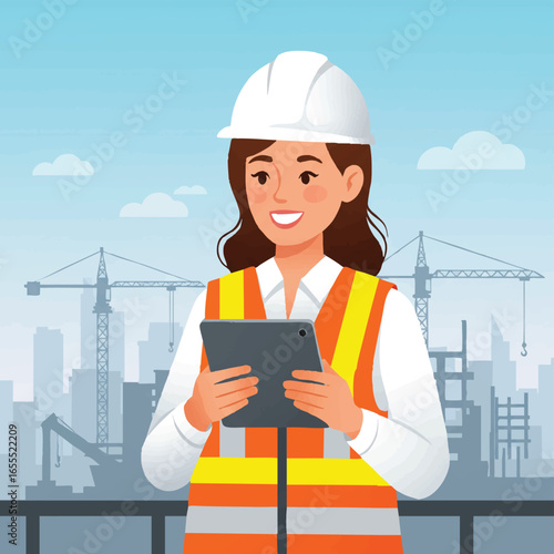 A smiling female construction engineer wearing a white hard hat and safety vest holds a digital tablet at an urban building site with cranes.