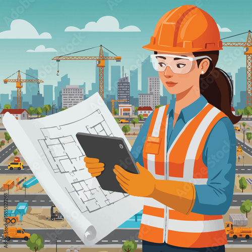 A female construction engineer in a hard hat and safety vest reviews blueprints and a tablet at a busy urban building site.