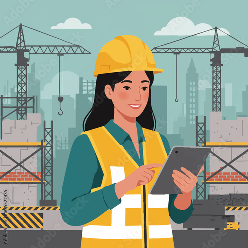 A confident female construction engineer in a hard hat and safety vest uses a digital tablet at a busy urban building site.