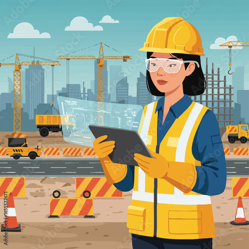 A female construction engineer examines building plans on a tablet at a modern city construction site, showcasing technological advancements in urban development and engineering.