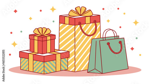 Three colorful and decorative gifts along with a shopping bag sit cheerfully on pink surface