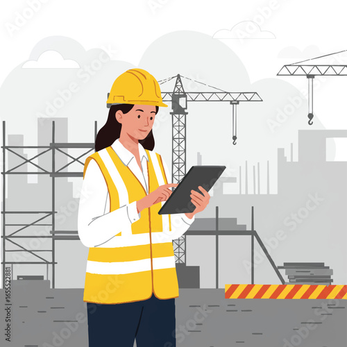 A female construction engineer in a yellow hard hat and safety vest uses a tablet on a building site with cranes and scaffolding.