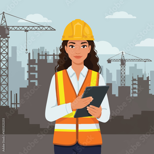 A female construction worker in a hard hat and vest uses a tablet at a construction site with cranes and city buildings in the background, illustrating modern industry.