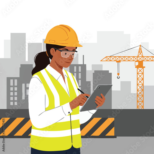 An industrious female engineer in a safety vest and hard hat meticulously reviews plans on her digital tablet at a bustling construction site.