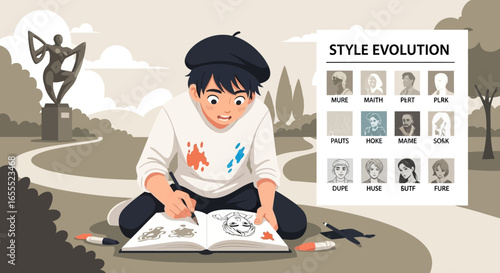 Young artist drawing in park, inspired by art history and various artistic styles