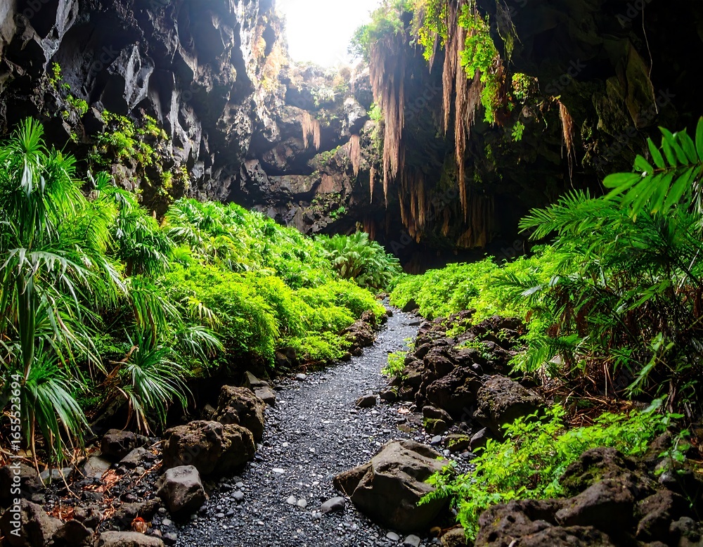 Fototapeta premium Lush cave interior with path