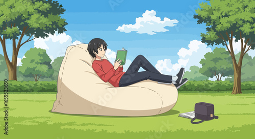 Relaxing anime boy reading on a comfortable beanbag under a blue sky backdrop