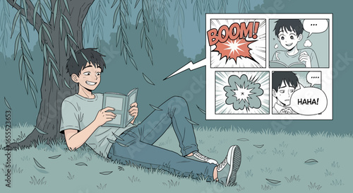 Young man engrossed in a comic book under a willow tree in the park