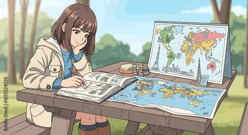 Anime-style Illustration of a Girl Planning Travel Adventures in a Scenic Park