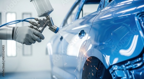 Automotive Refinishing: Blue Car Body Being Sprayed with Paint Gun in Workshop