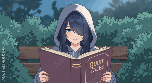 Anime girl reading a book titled Quiet Tales while sitting on a park bench at dusk