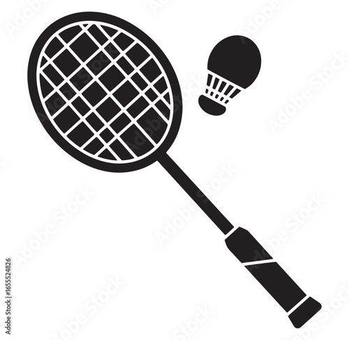 Black and white illustration of badminton racket and shuttlecock isolated on white background