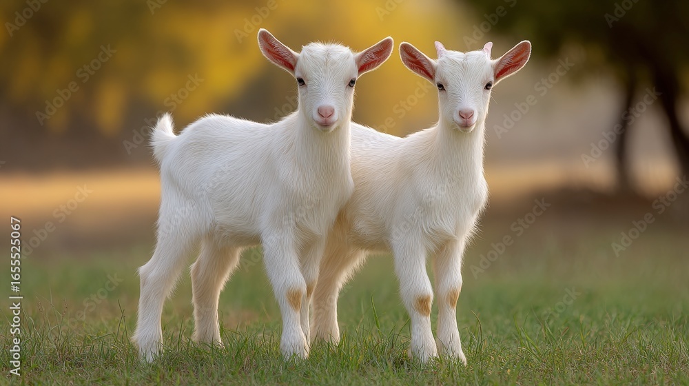 Obraz premium Two adorable white baby goats standing together in a grassy field during golden hour, showcasing their innocence and curiosity