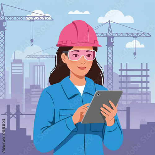 A confident female engineer in a pink hard hat and safety glasses uses a digital tablet at a modern construction site with cranes and city buildings.