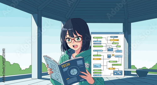 Anime-Style Illustration of a Woman Studying Technology and Software Diagram Outdoors