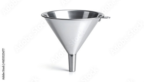 Shiny metallic funnel with a narrow spout, set against a white background