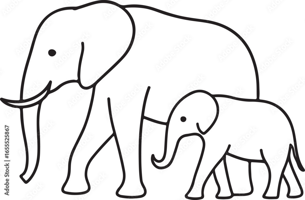 Obraz premium mother and baby elephant line art drawing vector illustration