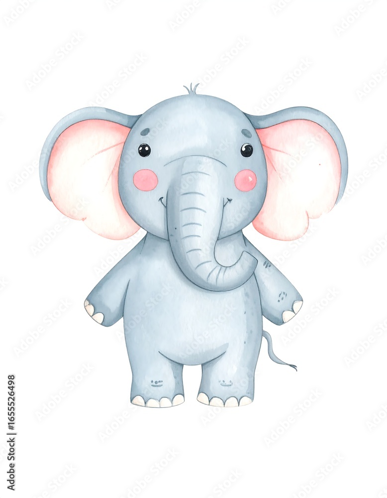 Fototapeta premium Cute cartoon baby elephant, light grey, pink ears, standing (1)