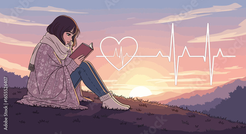 Serene reading girl with heart line at sunset, embodying health and contemplation