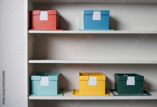 Empty wooden 3D bookshelves against a wall