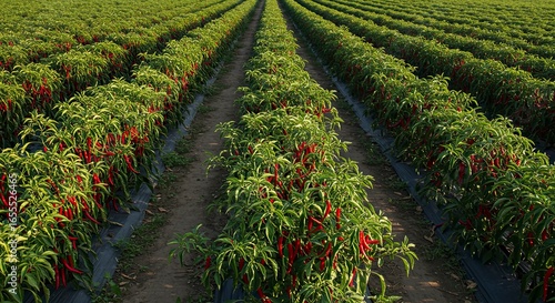Lush Chili Pepper Field: Rows of Red Peppers Under Sunlight