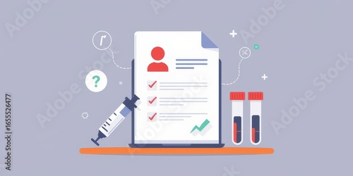 Health document with a syringe and test tubes, symbolizing medical diagnostics.