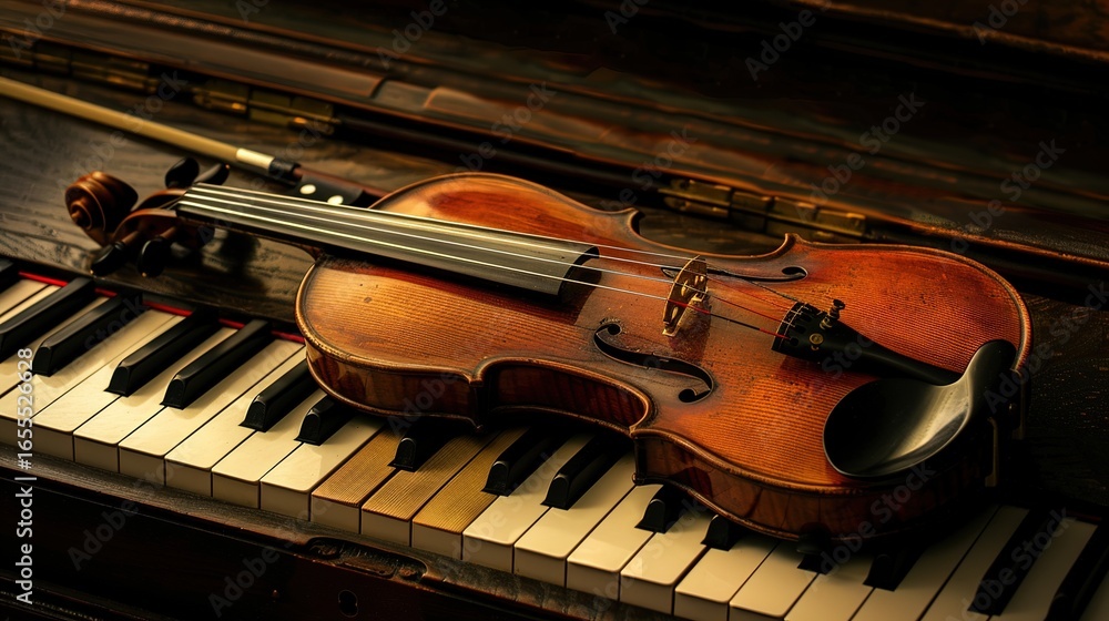 Naklejka premium Elegant arrangement of classical instruments, violin and piano keys glowing with timeless musical charm.