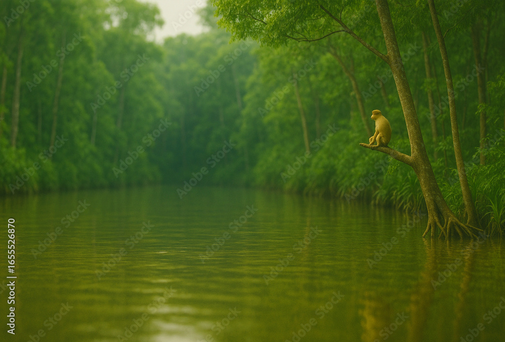 Obraz premium A peaceful river surrounded by lush green forest with a person sitting on a tree branch overlooking the calm water. A serene nature scene perfect for relaxation, meditation, and tranquility themes.