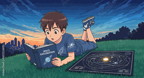 A cartoon boy engrossed in space exploration book under twilight sky