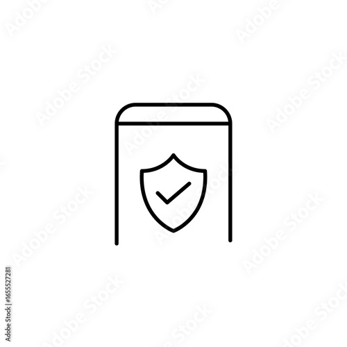 Secure device, verified system, trusted phone, approved access, protected data. Shield, checkmark protection. Pixel perfect, editable stroke vector icon