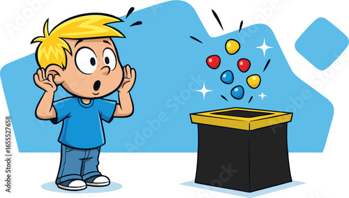Astonished Boy Watching Colorful Magic Spheres Emerge from a Box