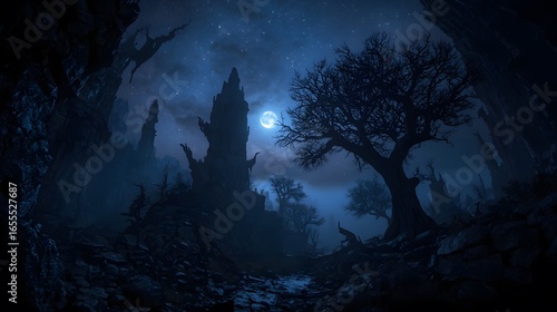 Mysterious dark fantasy landscape with rocky terrain, twisted trees, and a glowing night sky.