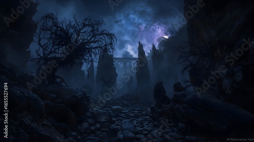 Mysterious dark fantasy landscape with rocky terrain, twisted trees, and a glowing night sky.